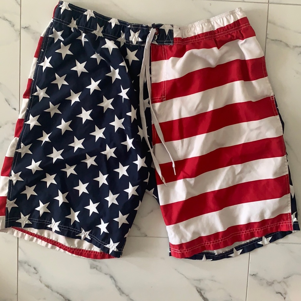 American flag style swim trunks with netting